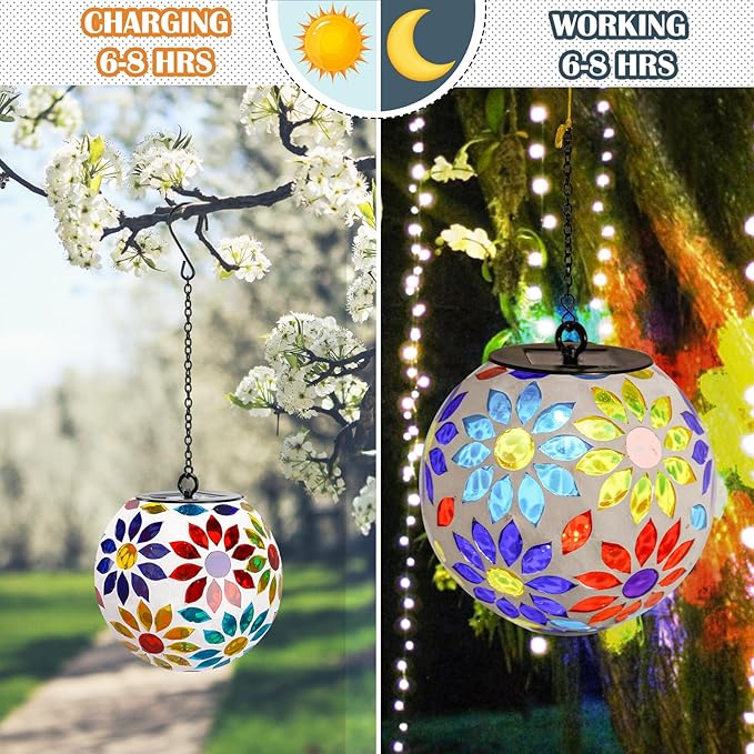 Solar Hanging Lantern Solar Outdoor Lanterns Mosaic Flower Outdoor Hanging Lights Outdoor Lights Waterproof Garden, Patio, Pathway & Yard Décor (Multi)