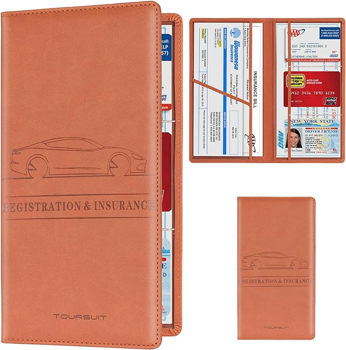 TOURSUIT Car Registration & Insurance Card Holder, Brown | Vehicle License Document Organizer, Glove Box Compartment, Interior Car Accessories, For Women Men