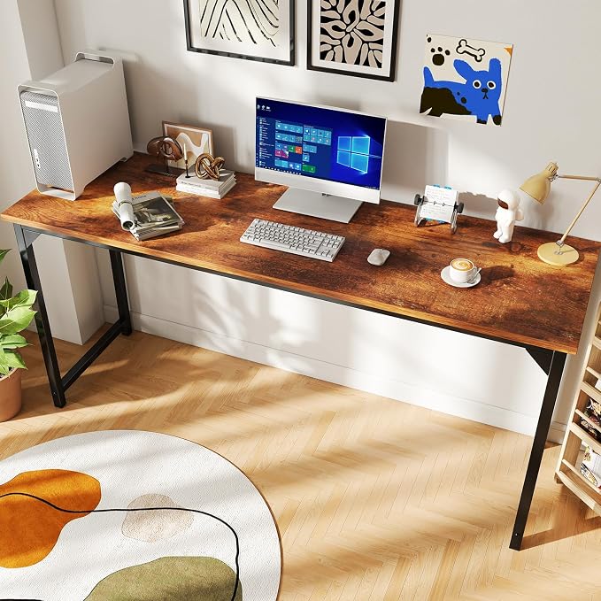 DUMOS 63 Inch Small Computer Desk, Gaming Desks for Home Office Bedroom | Modern Study Writing Work Table, Craft PC Desk Simple Workstation with Reinforcement Structure, Rustic Brown