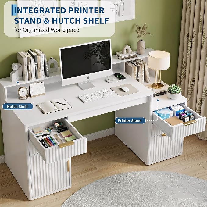 Garvee Rectangular Computer Desk with Hutch & Printer Stand, Ripple Door Storage Home Office Desk, Space-Saving Study Writing Desk for Bedroom, Sturdy Board Student Desk with Easy Assembly, White