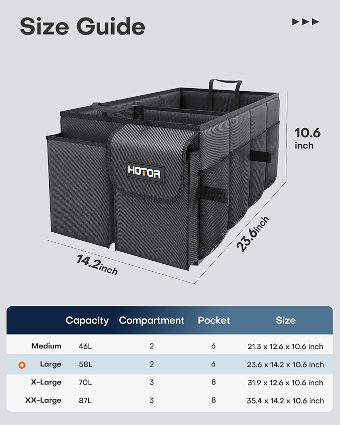 HOTOR Foldable Trunk Organizer - SUVs & Sedans, Sturdy Car Organization With 2 Compartments, Black, 23.6"×14.2"×10.6"