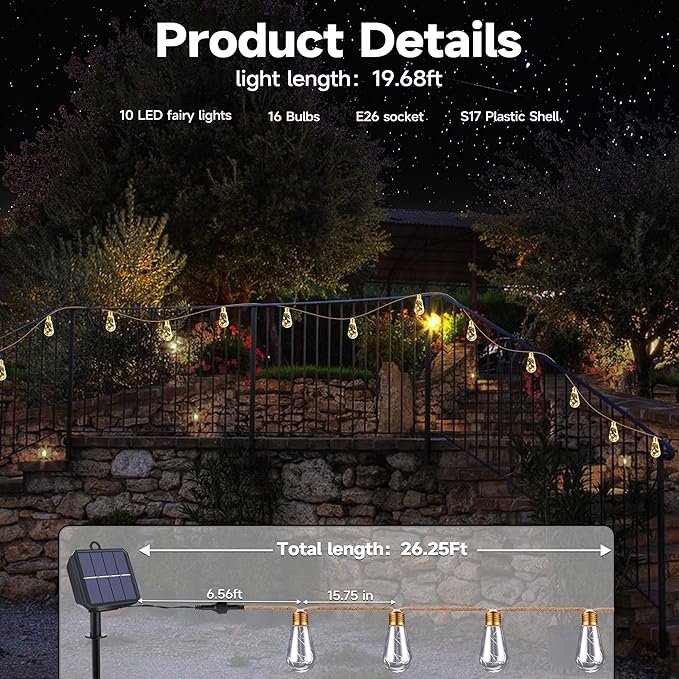 Solar Outdoor String Lights, 2 Pack 20Ft Vintage Rope Hemp Solar Patio Lights, Waterproof Warm White Solar Powered String Lights With 8 Modes 16 Shatterproof Bulbs for Fence Stairs Balcony Café Bistro