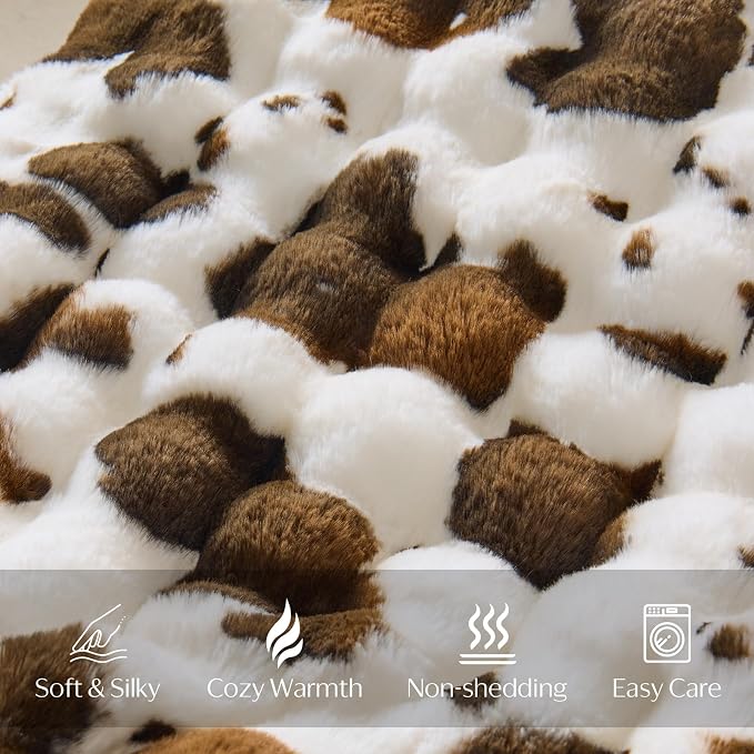 DOWNCOOL Faux Rabbit Fur Throw Blanket, Soft Fluffy Fuzzy Plush Bubble Blanket for Couch Sofa & Bed, Cozy Warm Luxury Fleece Minky Blanket, 60x80 Inches Cow Print-Brown