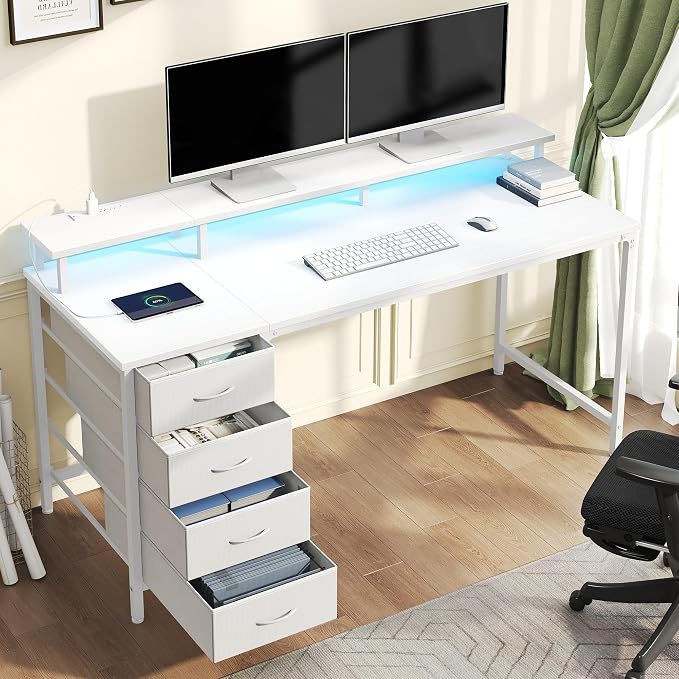 DUMOS 40-Inch Gaming Desk with Power Outlets and LED Lights, White | Computer Desk with 4 Storage Drawers, Home Office Desk with Monitor Stand, Small Desk for Bedroom Study