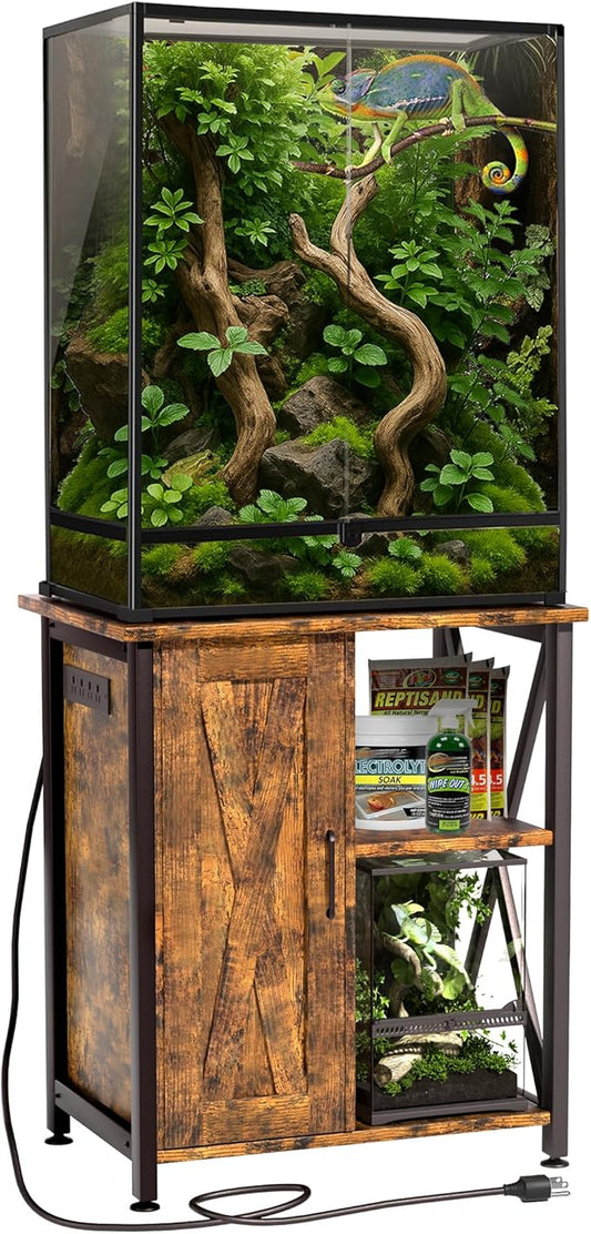 45-67 Gallon Reptile Tank Stand with Power Outlet, Terrarium Stand with Storage Cabinet, 24" Wx18 D Tabletop, Reptile Terrarium, Rustic Brown PG12XYN