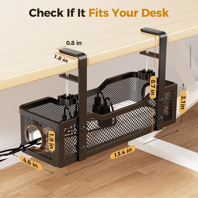 Cinati Under Desk Cable Management Tray White,13.5" Wire Organizer No Drill | 4 Pack, Metal Cable Tray with Clamp for Wire Management, Cord Organizer Box for Office Home Standing Desk, No Damage to Desk