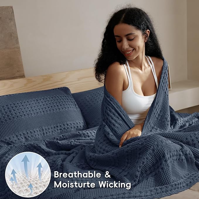 PHF 100% Cotton Waffle Weave Blanket Queen Size, Lightweight Breathable Summer Blanket for Hot Sleepers, Pre-Washed Soft Layer for Bed, Couch, Aesthetic Home Decor & Gift, 90"x90", Indigo