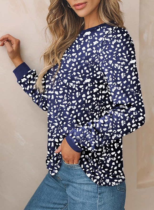 EVALESS Womens Crewneck Long Sleeve Tops Casual Polka Dots Tops Fall 2026 Tshirts Shirts