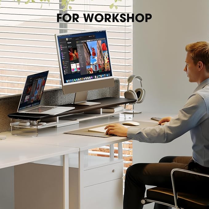 Fenge 42.5" Dual Monitor Stand with Clear Acrylic Legs, Black | Clear acrylic, storage compartment, 2-tier home office monitor riser, wide large desktop shelf fit monitor/laptop/printer