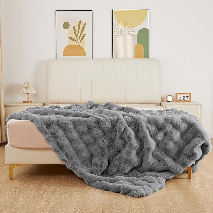 ORINOVA Gray Blanket Twin Size 60x80 Soft Fluffy Faux Fur Bed Cover Fuzzy Plush Bubble Throw for Couch Warm Cozy Bedding for Bedroom, Dorm and Guest Room Decor