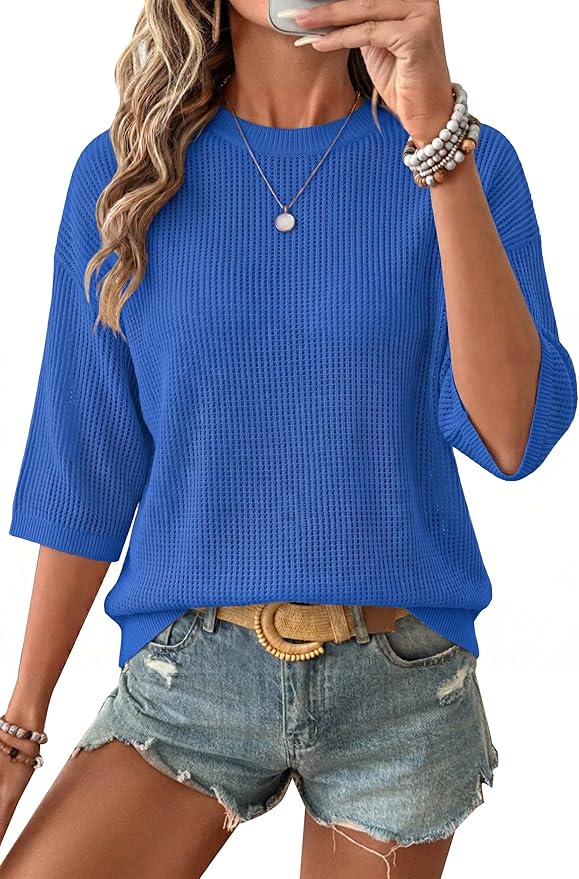 Arach&Cloz Womens Summer 100% Cotton Oversized Crochet Tops 3/4 Length Sleeve Sweater Hollow Out Casual Blouses 2026