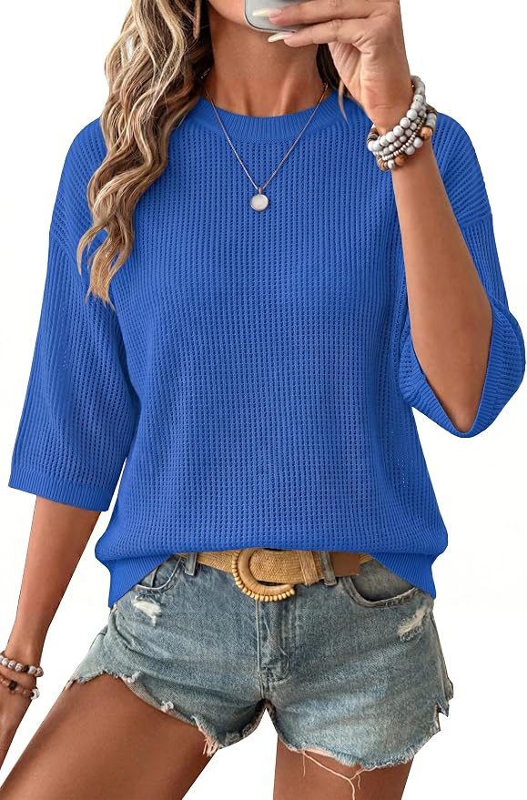 Arach&Cloz Womens Summer 100% Cotton Oversized Crochet Tops 3/4 Length Sleeve Sweater Hollow Out Casual Blouses 2026