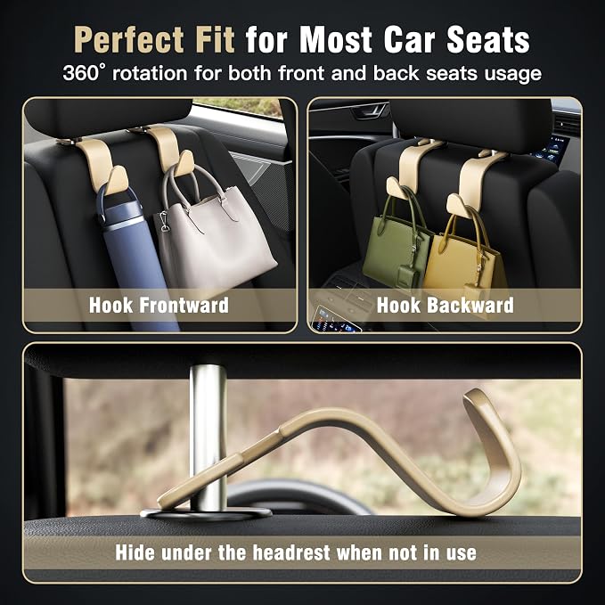 Amooca 4-Pack Car Headrest Hooks –Holds 55lbs Vehicle Storage Organizer for Purses Handbags Groceries Coats 360° Rotating Simple Design Beige