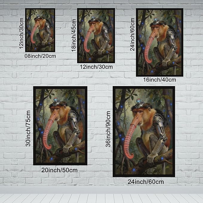 Framed Steampunk Mechanical Proboscis Monkey Wall Art - Jungle Neon Retro Poster for Apartment Leisure Area Decor 16x24in