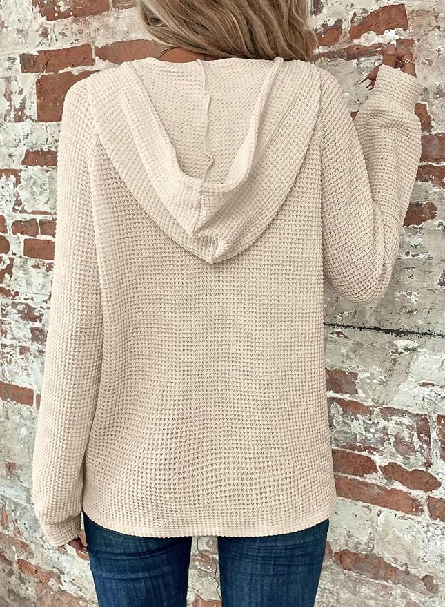 Dokotoo Hoodies for Women Waffle Knit Long Sleeve Drawstring Button V Neck Casual Sweatshirt Hooded Tops Fashion Clothing