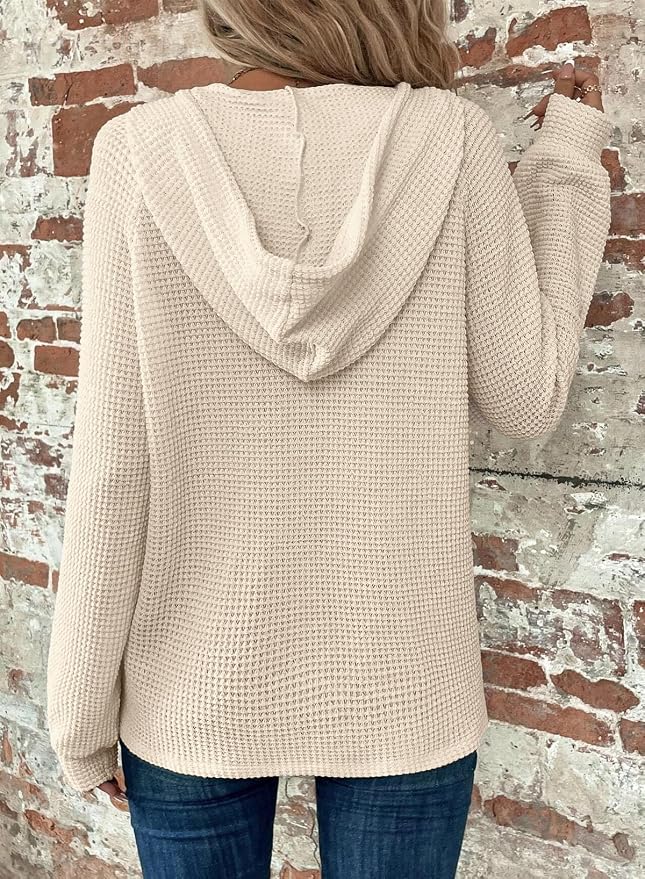 Dokotoo Hoodies for Women Waffle Knit Long Sleeve Drawstring Button V Neck Casual Sweatshirt Hooded Tops Fashion Clothing