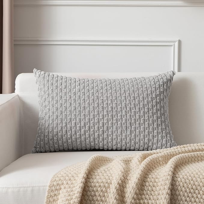 Kevin Textile Soft Corduroy 16"x24" Lumbar Pillow Cover 1 Pack, Light Grey | Boho Stripe Plush Corduroy Decorative Oblong Cushion Cover Modern Farmhouse Home Decor for Sofa Couch Bed Chair
