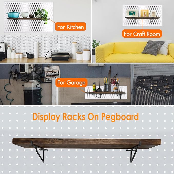 2 Pack Pegboard Shelves with Brackets, Peg Shelf Board with Hooks Fits 1/8" 1/4" Pegs Slots, Peg Board Organizer Accessories Various Tools Storage Arrange System for Garage Craft Workshop (Brown)