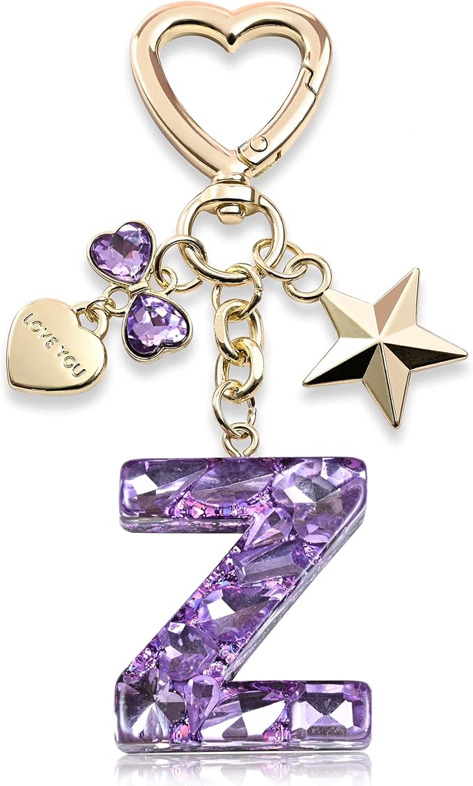 Cute Bling Keychain initial Letter Butterfly Star Pink Purple Gift for Women Girls Bag Cup Charms Accessories