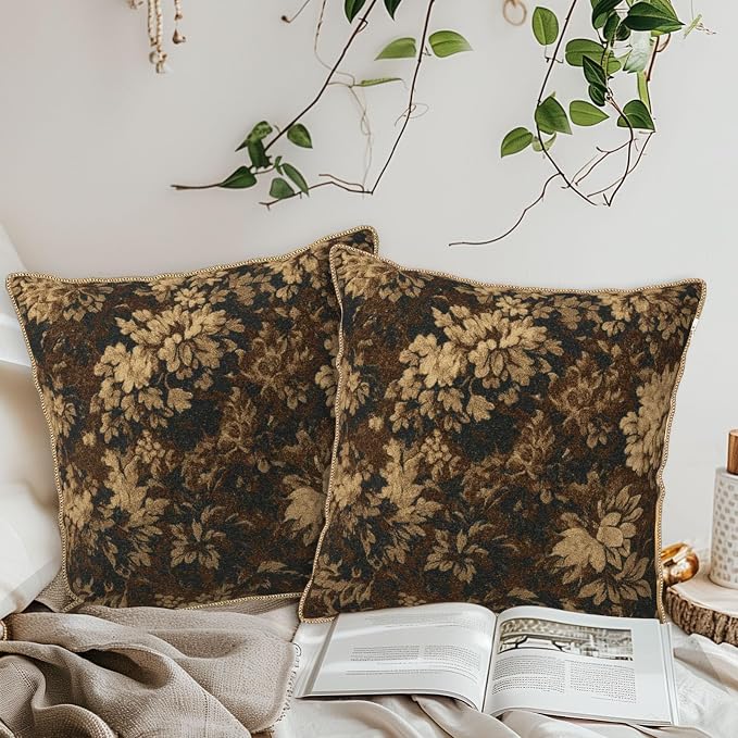 Neutral Flowers Dark Brown Soft Velvet Throw Pillow Covers Set of 2 Boho Vintage Abstract Floral Decorative Pillow Covers 16x16 Inch Retro Bohemian Pillow Case For Sofa Couch Farmhouse Home Decor