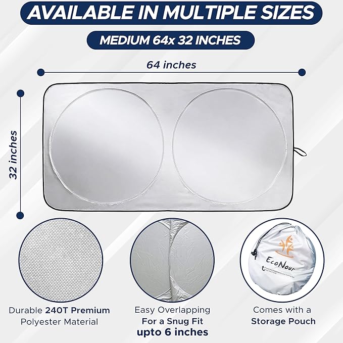 EcoNour Car Windshield Sunshade | Blocks 99% Heat & Keeps Interior Cool | Universal Fits Cars, SUVs, Trucks | Automotive Sun Screen, Visor & Car Accessories for Summer | Medium (64x32 Inches)