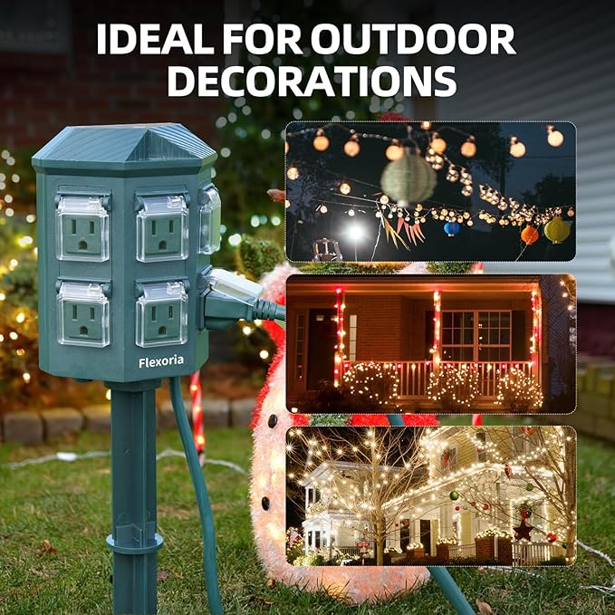 Outdoor Power Stake Timer, Remote Control Dusk to Dawn Light Timer, 50FT Extension Cord Waterproof, 6 Grounded Outlets for Graden and Yard Decorations, ETL Listed