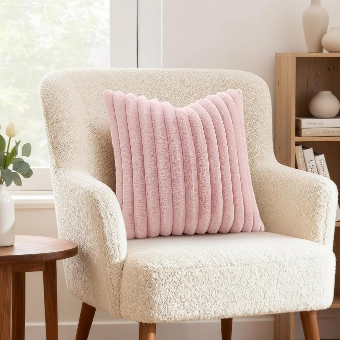 decorUhome Fall Faux Fur Throw Pillow Covers 24x24 Set of 2 Pink | Decorative Soft Cozy Striped Plush Modern Farmhouse Boho Couch Pillow Cases Velvet Back for Sofa Bed Living Room Home Decor