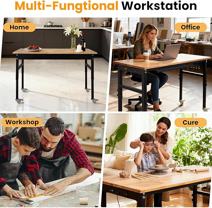 60" Adjustable Workbench with Drawer, 2000 LBS Heavy Duty Work Bench with Power Outlet and Fixed Legs, Sturdy Steel Frame with Rubber Wood Top, Work Table for Garage, Office, Home, Commercial