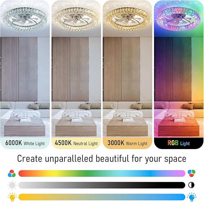 RGB Ceiling Fans with Lights, 22" Low Profile Ceiling Fan with Lights Remote for Bedroom,Smart Bladeless LED Fan Light,Nickel Modern Flush Mount Ceiling Fan Light with Remote/APP Control