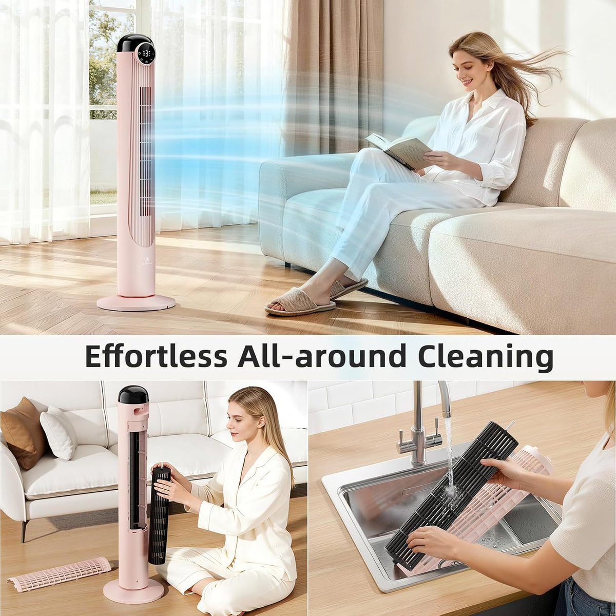 Antarctic Star T42 Tower Fan, 42 Inch Bladeless Oscillating Fan with Remote, 6 Speeds & 4 Modes, LED Display, 9H Timer, Quiet Floor Standing Fan for Bedroom Living Room Office, Pink