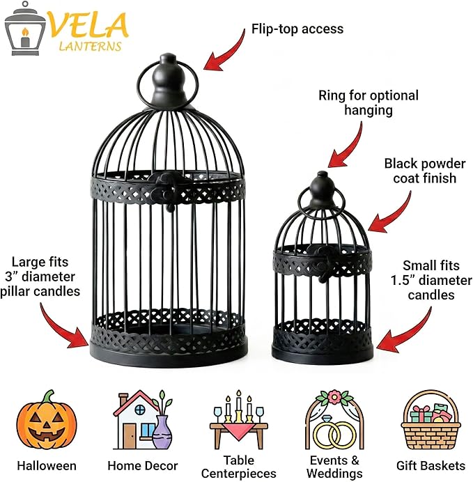 Vela Lanterns Bird Cage Decor Candle Holder Lantern Decorative Table Centerpiece Halloween Decorations, Black, Set of 4