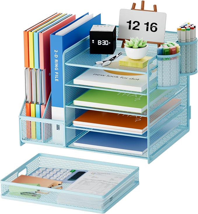 Marbrasse Desk Organizer with File Holder, 5-Tier Paper Letter Tray Organizer with Drawer and 2 Pen Holder, Mesh Desktop Organizer and Storage with Magazine Holder for Office Supplies(Blue)