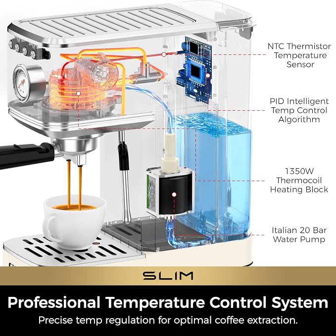 CHULUX Slim Espresso Machine with Milk Frother for Home Cappuccino, Creamy | Precise Pressure Gauge, Food-Grade Materials, 20 Bar Italian Pump, Professional Temperature Control System, Stainless Steel