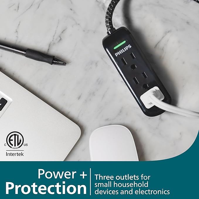 Philips 3-Outlet Grounded Extension Cord Long Extension Cord, Flat Plug Surge Protector Power Strip, 300 Joules, UL Listed, Black, SPC3434BB/37