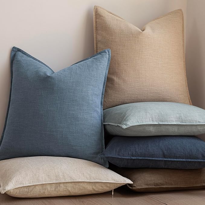 Foindtower Set of 2, Decorative Linen Solid Throw Pillow Covers Soft Accent Euro Cushion Case Boho Farmhouse Neutral Pillowcase for Couch Sofa Bedroom Living Room Home Decor 22 x 22 Inch Misty Blue