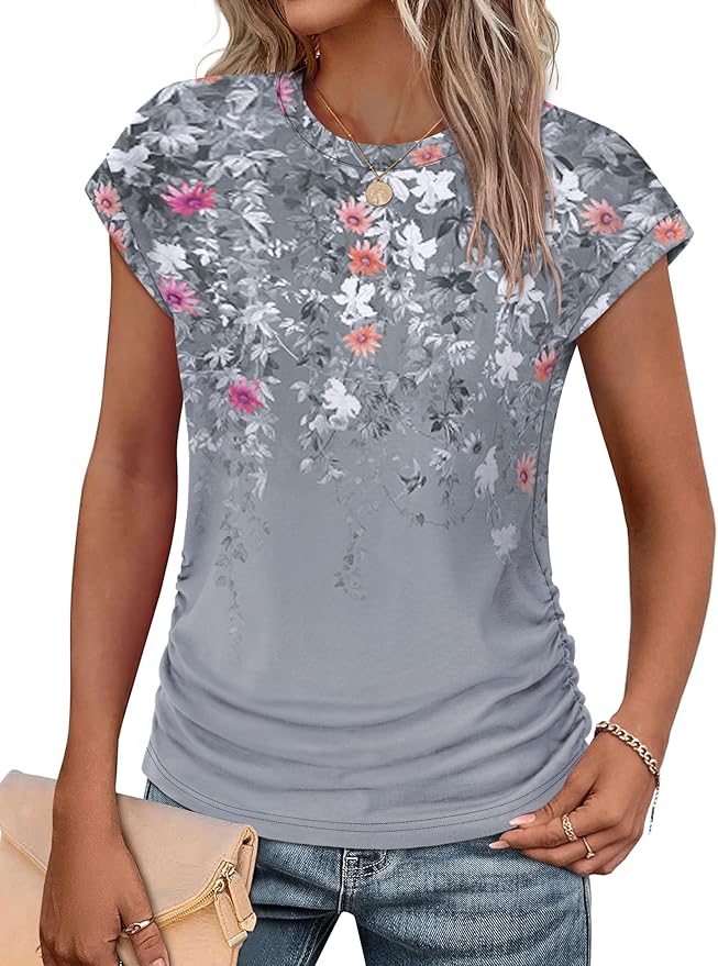 Sampeel Womens Summer Tops Trendy 2026 Ruched Cap Short Sleeve Tshirts Shirts Crew Neck T Shirts Fashion