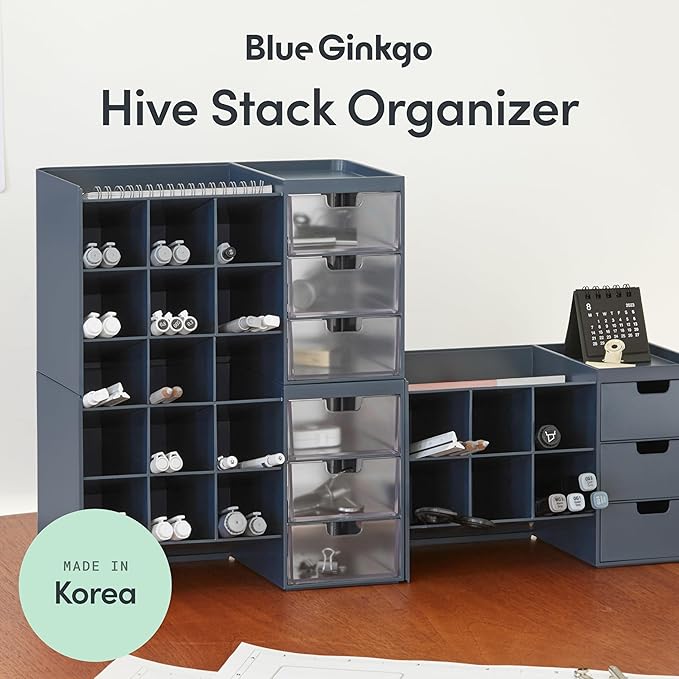 Blue Ginkgo Hive Stack Desk Organizer – Stackable Pen Holder, Stationary Organizer with Drawers - Office Storage, School Supplies, Makeup (Made in Korea, Blue Transperent)