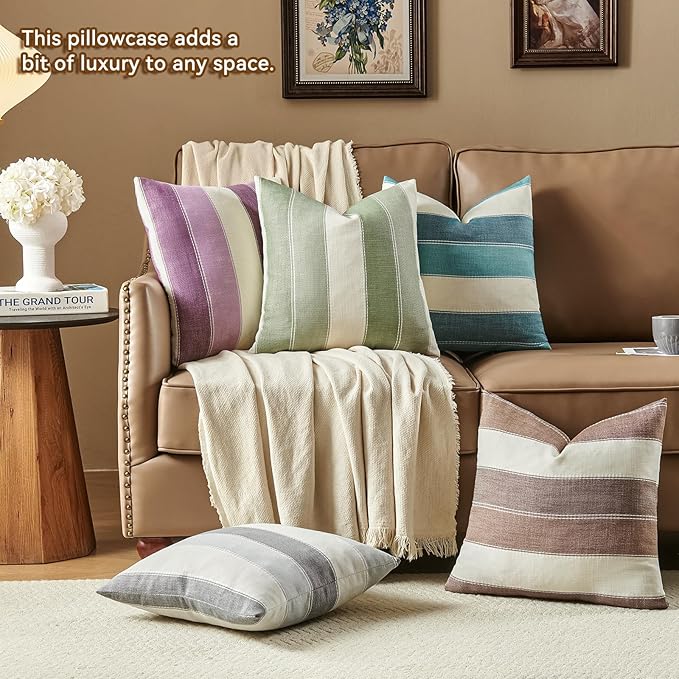 Pack of 2 Farmhouse Stripe Check Throw Pillow Covers Set Case Cotton Linen Decorative Pillowcases Cushion Cover for Couch Bench Sofa 18x18Inch Brown