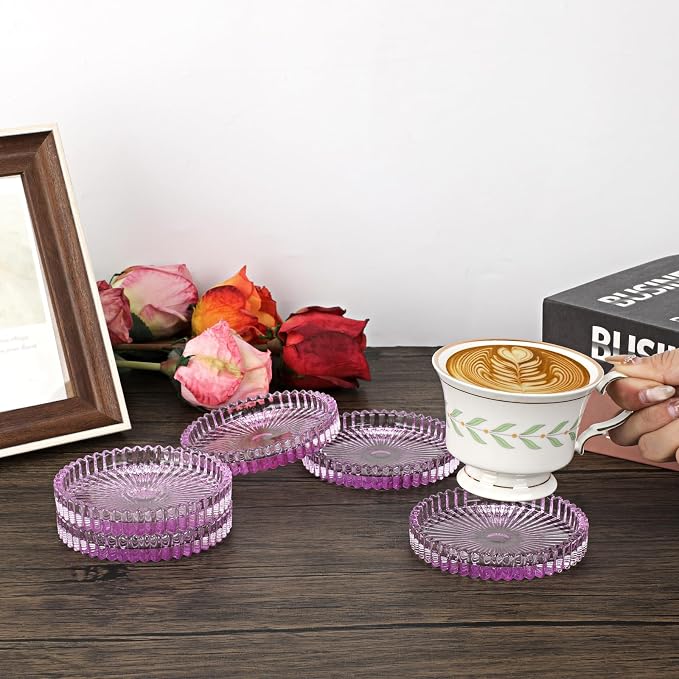 Modern Clear Coaster Set of 5- Glass Coasters for Drinks Crystal Coaster Round Cup Coasters Coffee Table Decor for Office, Kitchen, Bar, Dining Room, Living Room, Patio(Clear Purple)