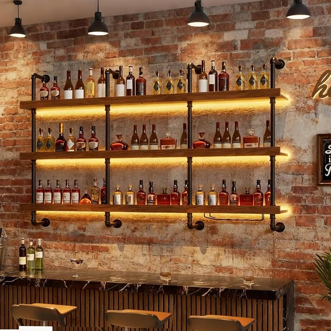 70.8in Wall Mounted Wine Rack with LED Light Solid Wood | 3-Tiers Liquor Bottles Floating Shelves Display Storage Organizer for Home Bar & Dining Room