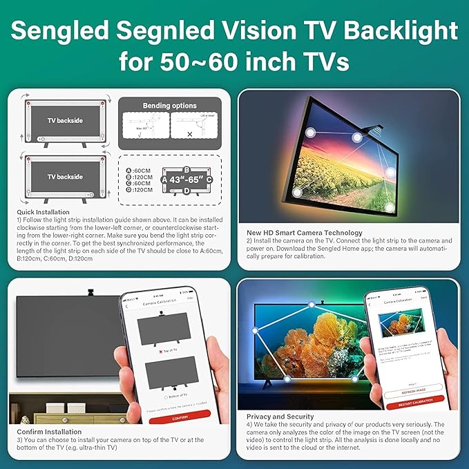 Sengled Envisual TV Led Lights(TV Sync Suppoorts Off-line), TV LED Backlights with Camera for 60-65 inch TVS, Smart Ambient WiFi RGB Lights, Works with Alexa & Google Assistant, App Control, Vision G2