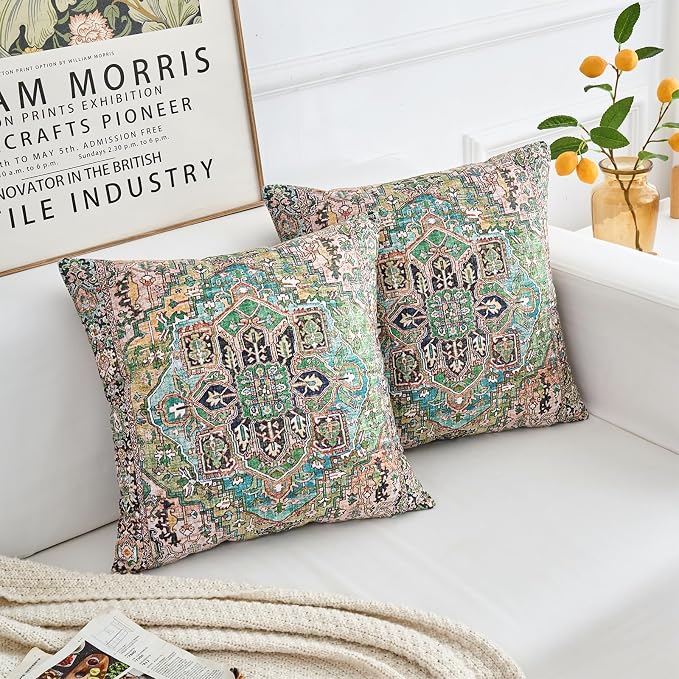 Boho Throw Pillow Covers 18x18 inch Set of 2,Boho Vintage Carpet Pattern Antique Ethnic Decor Double Sided Pattern Cushion Cover Soft Pillow Case Living Sofa Room Bed Square Pillow Cover
