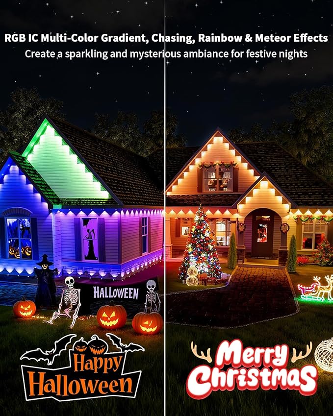 Permanent Outdoor Lights Pro,100ft RGB+IC Smart Outdoor Decor,App/Remote,Christmas,Halloween,Multi Scene Modes,IP67 Waterproof,Eaves Light with Daily & Holiday Party Decor,House Roof Lighting