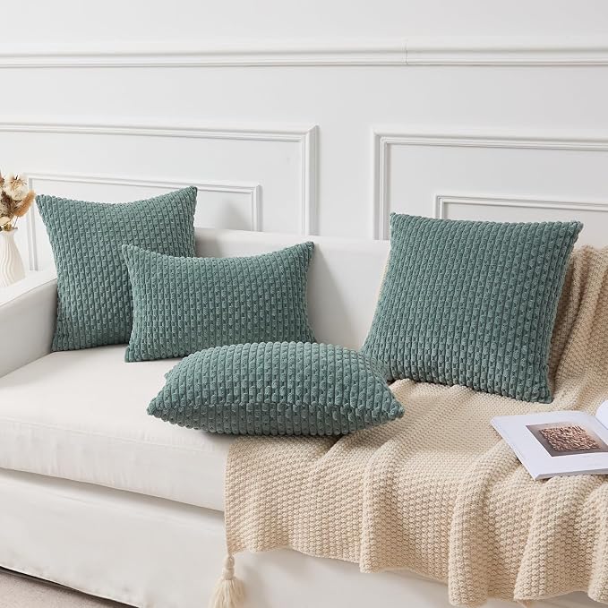 Kevin Textile Soft Corduroy 16"x24" Lumbar Pillow Cover 1 Pack, Teal Green | Boho Stripe Plush Corduroy Decorative Oblong Cushion Cover Modern Farmhouse Home Decor for Sofa Couch Bed Chair