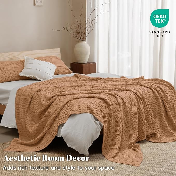 PHF 100% Cotton Waffle Weave Blanket Queen Size, Lightweight Breathable Summer Blanket for Hot Sleepers, Pre-Washed Soft Layer for Bed, Couch, Aesthetic Home Decor & Gift, 90"x90", Clay