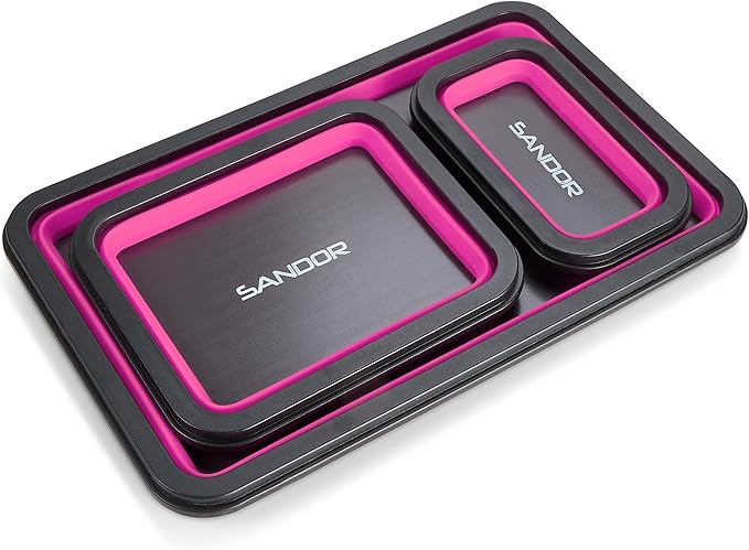 Collapsible Magnetic Parts Tray Set - 3 Different Size Tool Trays for Screw, Bolts, Nuts, Washers, Pins and Other Small Metal Parts, Mechanic Tool Gifts for Men - Pink