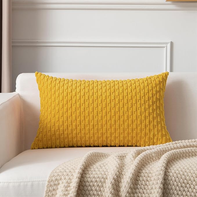 Kevin Textile Soft Corduroy 14"x24" Pillow Cover 1 Pack, Mustard Yellow | Boho Stripe Plush Corduroy Decorative Oblong Cushion Cover Modern Farmhouse Home Decor for Sofa Couch Bed Chair