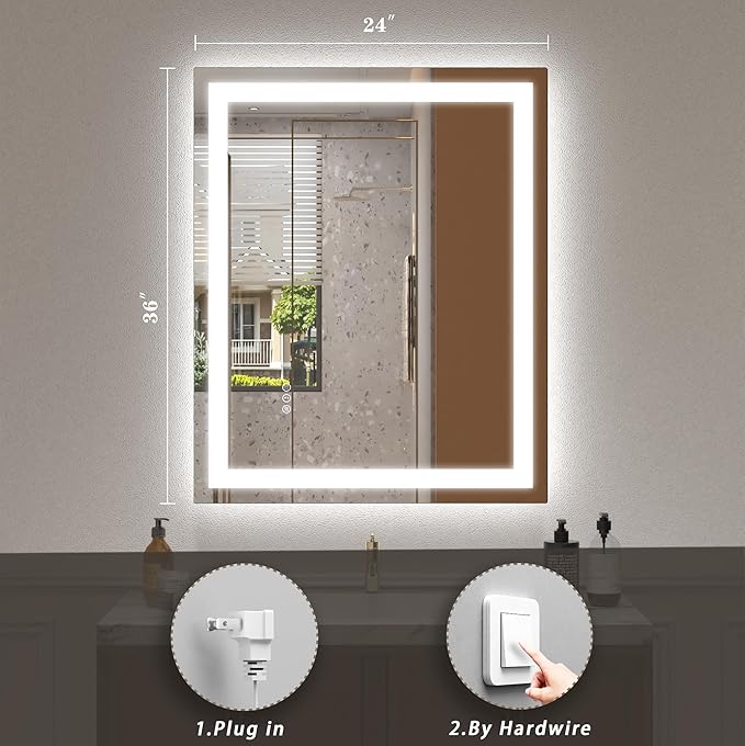 24x36 LED Mirror for Bathroom, Lighted Vanity Mirror for Wall, Dimmable, Anti-Fog, Shatter-Proof, ETL Listed (Front Lights + Backlit)