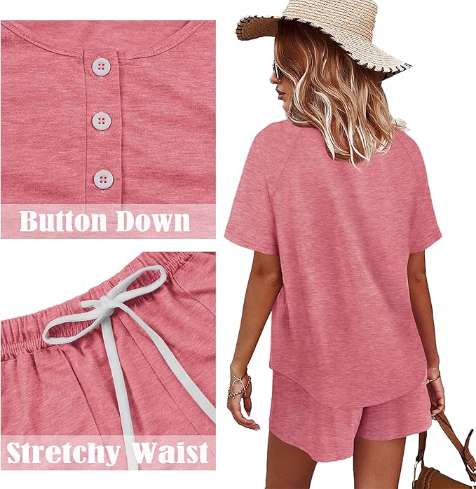 WIHOLL Two Piece Outfits for Women Lounge Sets Button Down Top and Shorts Set Sweatsuits with Pockets