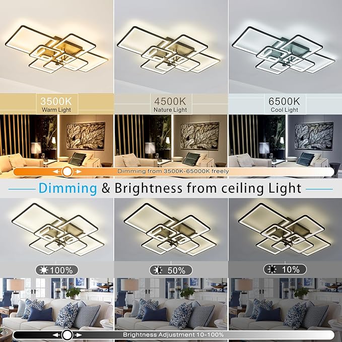 Modern LED Ceiling Lamp, 41.7in Flush Mount for Living Room, Kitchen, Bedroom - Dimmable, 8 Square Frame Acrylic with Remote
